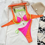 2026 Sexy Bikini Push Up Block Color Patchwork Halter Hollow Swimwear Swimsuit Women Bikini Set Bathing Suit Beach Bikinis Mujer