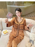 Spring and summer ice silk pajamas for women, sweet pajamas set, long sleeves and trousers, comfortable home clothes