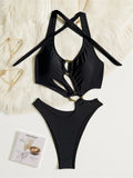 S - XL Asymmetric Halter Cut Out One Piece Swimsuit Women Swimwear Female Metal Ring High Leg Cut Bather Bathing Suit Swim K7065