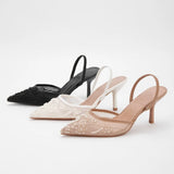 Brand Lace Designer White Women Wedding Pumps Mesh Embroidered Flowers Back Strap Sexy Slingback High Heels Dress Shoes Ladies