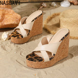 Women Summer Fashion Sexy Slippers Shoes Leopard Patchwork Sexy Open-Toe Sandals 12CM Summer Platform Wedges High-Heeled Sandals