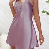 Fashion Ladies Lace Sexy Sling Nightdress Women's Sexy Lingerie Satin Sleepwear Solid Homewear V-neck with Chest Pad Nightwear