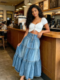 Women's Vintage Denim Midi Skirt High Waist Irregular Ruffle A Line Jean Skirt for Summer Spring