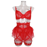 Toucheart 4 Piece Set Sexy Lingerie Set Lace Perspective Bra Women Mesh Patchwork Ruffled Skirt Garter Socks Sexy Underwear Suit
