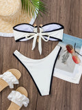 DEKA Solid BandeauU Ring Bikini High Waist Swimsuit Women Tie Side Shiny Metal Hardware Ring Bandeau Swimwear Padded Bra Top