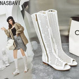 NASBAVI Fashion Women Flats Knee High Summer Boots Peep Toe Square Heels Fretwork Party Shoes Retro Rome Sexy Ladies Footwear