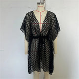 2025 V Neck Short Sleeve Hollow Out Knitted Tunic Beach Cover Up Cover-ups Beach Dress Beach Wear Beachwear Female Women K6535