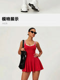 Naked Breathable Tennis Dresses with Built-in Pocket Shorts Women Color Contrast Hollow Out Backless Sports Golf Pleate Dress