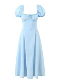 Bowknot Ruffles Light Blue Midi Dress Women's Summer Off Shoulder Short Sleeve Beach Dress Drawstring White A-line Vestidos 2025