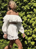Foridol Summer Off Shoulder White Lace Skirt Set Dress Women Outfits Ruffles Tiered Mini Flower Embriodery Two Pieces Beach Suit