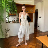 Women's Ruffled Lace Trim Loose Pants For Woman White Ruffled Embroidery Camisole Straps Button Front For Sweet Summer Look WM6E