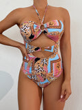 2026 Halter Hollow Swimsuit One Piece Sexy Print Ring Link Swimwear Women Bathing Swimming Swim Suit Padded Beachwear Summer XXL