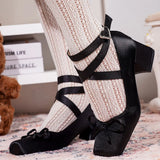 2025 Summer Cute Satin Pink Lolita Block Heels Mary Janes Shoes Women Sweet Buckle Cross-Strap Ballet Pumps Wedding High Heeled