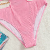 Sexy Push Up Underwire One Piece Swimsuit Women Solid Pink Metal Chain Hollow Out Ribbed Bathing Suit Backless Swimwear Monokini