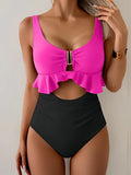 2026 Hollow Swimsuit One Piece U-wire Ruffle Swimwear Women Patchwork Bathers Bathing Swimming Swim Suit Female Beachwear XXL