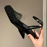 Women's Sandals Summer Luxury Designer  Lace Mesh Square Toe Shallow Narrow Strap Braided Slip-on High Heels Sandals