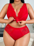 Plus Size Front Closure Lingerie Set, French Lace Sweet & Sexy Bra, Alluring Underwear Outfit