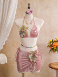 Sexy Beige 3D Flowers Embroidered Bikini Set 2026 Women Drawstring Cover Up 3 Piece Swimsuit Beach Bathing Suit Holiday Swimwear