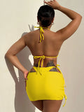 2026 Summer Leopard Print 3 Pieces Suit Swimwear Reversible Sexy Halter Lace-up Bikini Set Drawstring Skirt Cover Up Beachwear