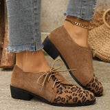 New Patchwork Loepord Pointed Toe Shoes for Women Retro Fax Suede Lacing Pumps Woman Shallow Square Heel Single Shoes Mujer
