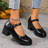 Plus Size 42 Black Thick Heels Pumps Women Classic Pu Leather Platform Mary Jane Shoes Woman Ankle Buckle Office High Heel Shoes