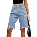 Women’s Ripped Bermuda Denim Shorts Solid Color Casual High Waist Raw Hem Knee Length Jean Shorts Streetwear