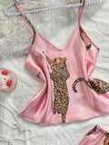 Women Sleepwear Summer Ice Silk Stain Comfortable 2pcs Pajamas Set V Neck Leopard Print Tops and Long Pants Loungewear