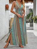 Bohemian Style Print Sleeveless Long Dresses Women Summer V-neck Backless Leace-up Slit Dress Casual Lady Vacation Vestidos