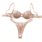 Nude Pink Floral Embroidery Lingerie Set Women Sheer Mesh Push Up Bra And Thong 2 Piece Sexy Transparent Lace Underwear ZA824031
