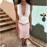 2026 Spring Summer New Arrival Elegant Sleeveless Women's Short Top Chic Fitted Lace-Panel Deep V-Neck Crop Tank Top Commute