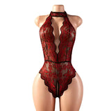 Summer Women Red Crotchless Lingerie Halter Lace Hollow Backless Bodysuit Erotic Costumes Transparent Deep V Sexy Underwear Sets