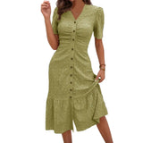 Women's Button Down Ruched Long Dress Summer Beach A-Line Swing Sundress Casual Short Sleeve V-Neck Maxi Dress
