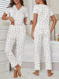 Autumn Winter Comfortable Pajamas Set with Love Heart Printed for Women Sleepwear Short Sleeve Top and Pants Homewear