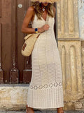 S - XL 2025 V Neck Hollow Out Crochet Knitted Tunic Beach Cover Up Long Cover-ups Beach Dress Beach Wear Beachwear Female Women