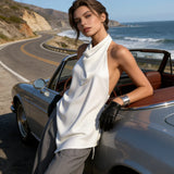 Summer Solid Color Satin Halter Top Women Asymmetrical Hem Cowl Neck Sleeveless Backless Vest Streetwear