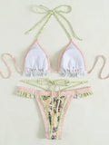 Floral Printed Halter Ruffled Frilled Bikini Women Swimwear Female Swimsuit Two-pieces Bikini set Thong Bathing Suit Swim Lady