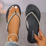 Summer Beach Pearl Decor Flip Flops Women Fashion Black Flat Clip Toe Slippers Female Plus Size Non Slip Pu Leather Slides Mujer