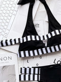 New Sexy Bikini Women Swimwear Swimsuit Striped Patchwork Hollow Halter Knotted High Waist Bikinis Set Bathing Suit Beach Bikini