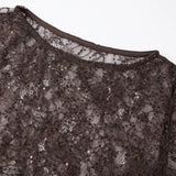Women Spring Summer Solid Color Slim Sheer T-shirts Long Sleeve Crew Neck Shiny See-through Lace Tops Clubwear