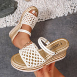 Hollow Out Gold Wedge Heels Sandals Women Plus Size 43 Chunky Platform Slippers Woman Summer Slip On Weave Thick Sole Sandles