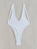 DEKA WomenSolid Deep V Neck One Piece Swimsuit Women Hollow Out White Swimwear Beach Bandage Bathing Suit Monokini