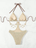 Woman Bikini Triangle Top Ribbed Fabric Black Bikinis Side Cutout Chain Detail Swimsuit High Cut Bottom Belly Chain Beachwear