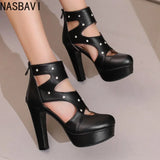 NASBAVI Summer Fashion Women Sandals Round Toe Chunky Heels 12cm Platform 3.5cm Zipper Crystal Plus Size 48 49 50 Party Shoes