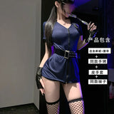 Sexy Cosplay Policewoman Midnight Uniform SM Zipper Bodysuits Solid Color Deep V Short Sleeved Wrap Hip Bodysuits Charming K0JQ