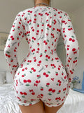 Summer Onesies Women's Sexy Pajamas Bodysuit Casual Cherry Print V-neck Front Button Long Sleeve Slim Fit Jumpsuit Sleepwear