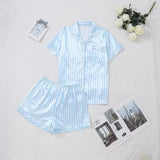 Large Size Women Pajamas Set Short-Sleeved Student Homewear Two-Piece Cardigan Lapel Senior Sense of Striped Short-Sleeved Short