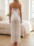 Women Summer Sleepwear White Satin Pajama Sets Lace Spaghetti Straps Cami with Pants Two Piece Sets