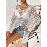 V Neck Long Sleeve Hollow Out Crochet Knitted Tunic Beach Dress Beach Wear Beachwear Beach Cover Up Cover-upsFemale Women V6335