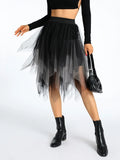 Women's Irregular Tulle Long Skirts Elastic High Waist Layered Mesh Tutu A-line Skirts Bohemian Korean Fashion Y2K Skirts