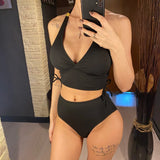 S - XXL 2026 Ribbed Halter Mid Waist Bikini Female Swimsuit Women Swimwear Two-Pieces Bikini Set Bather Bathing Suit Swim V6447